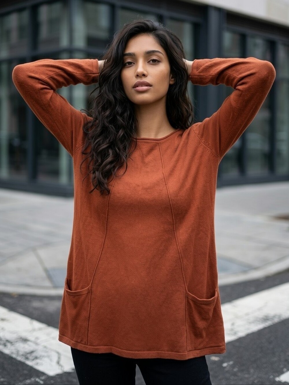 Burnt Orange Rust Knit Tunic Sweater M Pockets Long Sleeve Fall Cozy Boho Chic